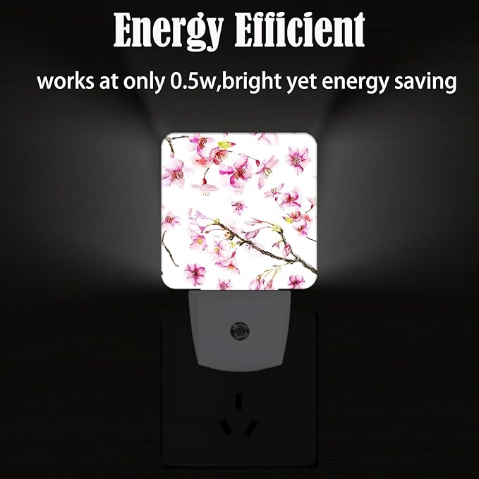 Watercolor Cherry Blossoms Night Light,Plug-in Night Lights with Dusk to Dawn Sensor for Stairway,Hallway,Bedroom Sleep Friendly Ideal for Women/Girls/Boys Gift,0.5w - Bloomnest