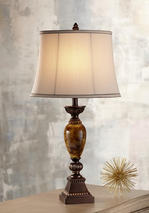 kathy ireland Mulholland Traditional Table Lamp 30" Tall Brown Gold Faux Marble Aged Bronze Off-White Fabric Oval Shade Decor for Bedroom Living Bedside Nightstand Home Office Kids Room - Bloomnest