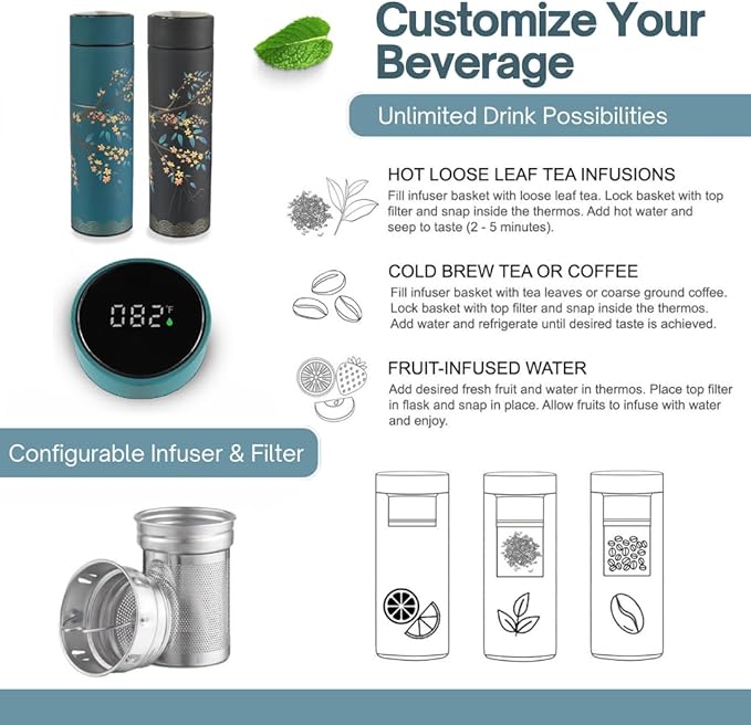 Farasi Set of Two Tea Infuser Bottle for Hot and Cold Infusions for Loose Leaf Tea Smart Water Bottle with Fahrenheit Temperature Display, Stainless Steel, Insulated Infuser Bottle - 15 oz - Bloomnest