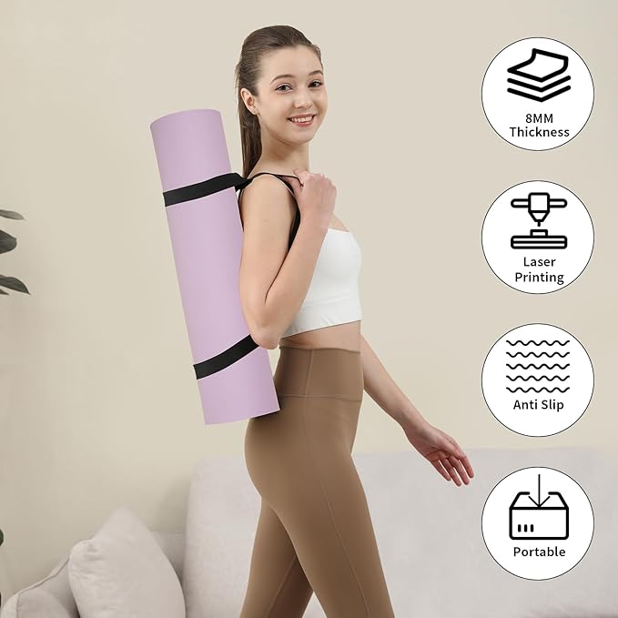HAHE Yoga Mat Thick (8MM,1/3"), Eco-Friendly POE Non Slip Yoga Mat, High Rebound & Shock Absorption, Anti-Tear & Sweat-Resistant for Yoga, Fitness, Home, Workouts, Large Pilates Mats 72"x24" with Carrying Strap - Bloomnest