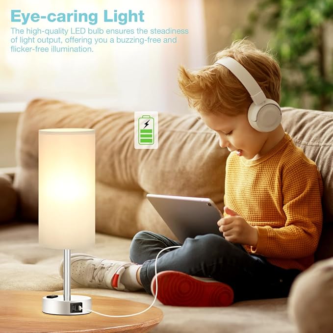 Fenmzee Light Grey Table Lamp for Nightstand - 3 Way Dimmable Touch Bedside Lamp USB C and A Charging Ports and AC Outlet, Small Desk Lamp with Silver Base for Office Nursery, LED Bulb Included - Bloomnest