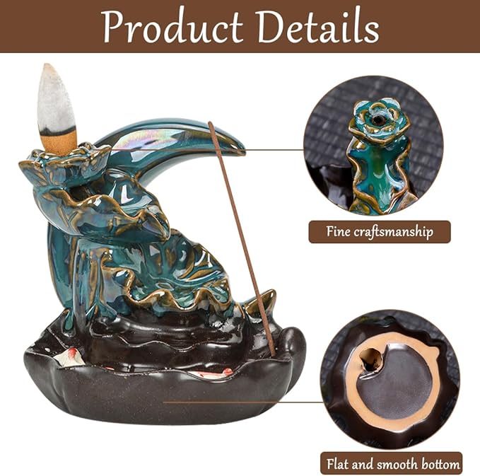 Ceramic Incense Holder Set, Creative Moon Waterfall Incense Holder Backflow Incense Burner with 20 Backflow Incense Cones +30 Incense Sticks+1 Tweezers+1 Mat Aromatherapy Decorations for Home (Blue)