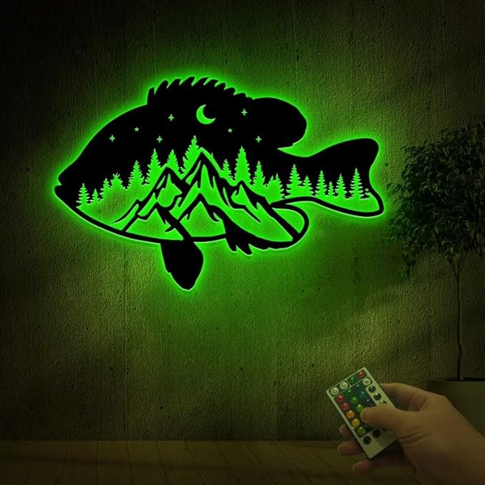 Personalized Neon Sign, Panfish Mountain Metal Wall Art Led Light, Fishing Gifts for Men, Gift for Dad, Fish and Trees Sign, Cabin Lodge Decor, Fisherman Gift - Bloomnest
