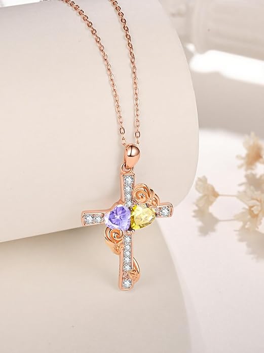 Rose Gold Dual Birthstones Cross Necklace for Women Rose Flower Jewelry Anniversary Christmas Mother's Valentine's Day Birthday Gift for Wife Girlfriend Mom - Bloomnest