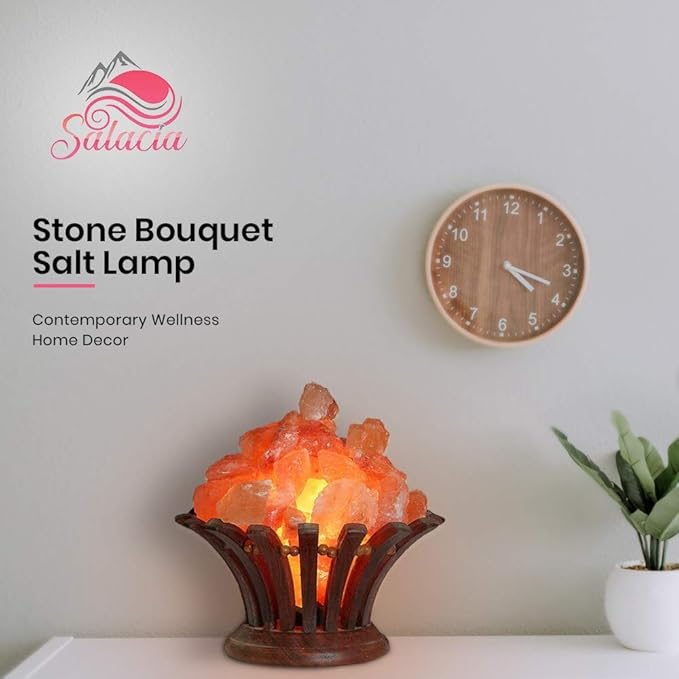 Stone Bouquet - A Himalayan Salt Lamp Bowl with Dimmer Cord - 100% Natural Pink Salt Rocks with Neem Wood Basket, Natural Himalayan Salt Ball Bowl Lamp, Premium Quality Wood Base Light.