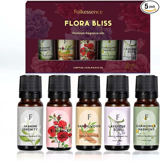 Folkulture Essential Oils for Home | Set of 5 (0.34 fl oz x 5) Sandalwood Essential Oil or Rose Diffuser Oils for Relaxation | Lavender Essential Oil or Chamomile Oil Scents | Jasmine Oil for Women - Bloomnest