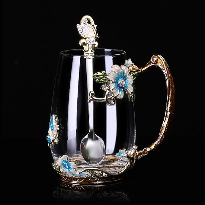 Luka Tech Enamel Butterfly flower Glass Mug with Spoon, Gifts For Women Wife Mom Friends Birthday Mothers Valentines Day Christmas (Blue-Tal) - Bloomnest