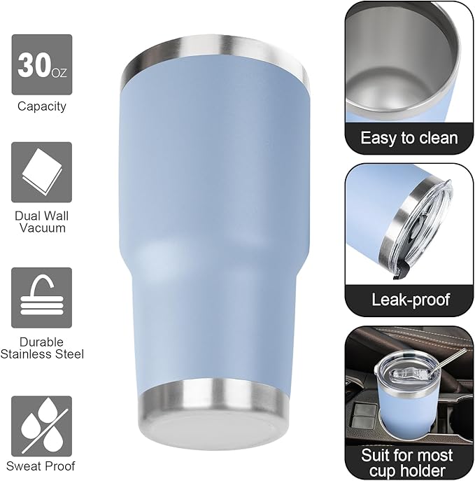 30 oz Tumbler with Lids and Straws Double Wall Vacuum Insulated Tumbler Cup,Stainless Steel Leak-proof Thermal Tumbler Travel Coffee Mug for Cold and Hot Drinks,Baby Blue - Bloomnest