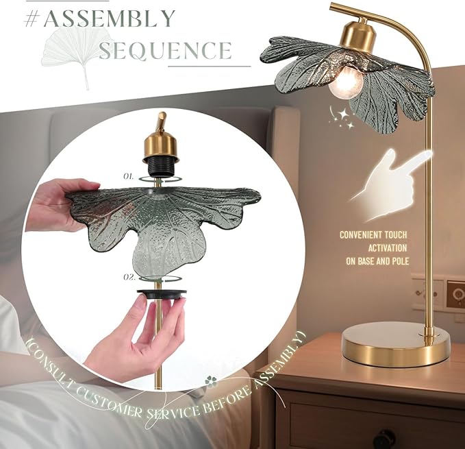 2 Pack Gold Table lamp Mid CenturyTable Lamps with Touch Switch Dark Green Glass Shade nightstand lamp Side Desk lamp Small Table lamp Glass Table Light for end Table Bedroom Farmhouse - Bloomnest