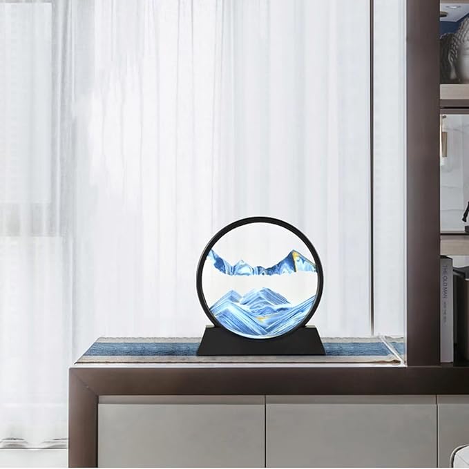 BGFJYUK Moving Sand Art Picture in Motion, Round Tempered Glass 3D Deep Sea Sandscapes with Display Flowing Sand Frame for Relaxing Desktop Home Office Work Décor for Kids Adults （Blue, 12inch - Bloomnest