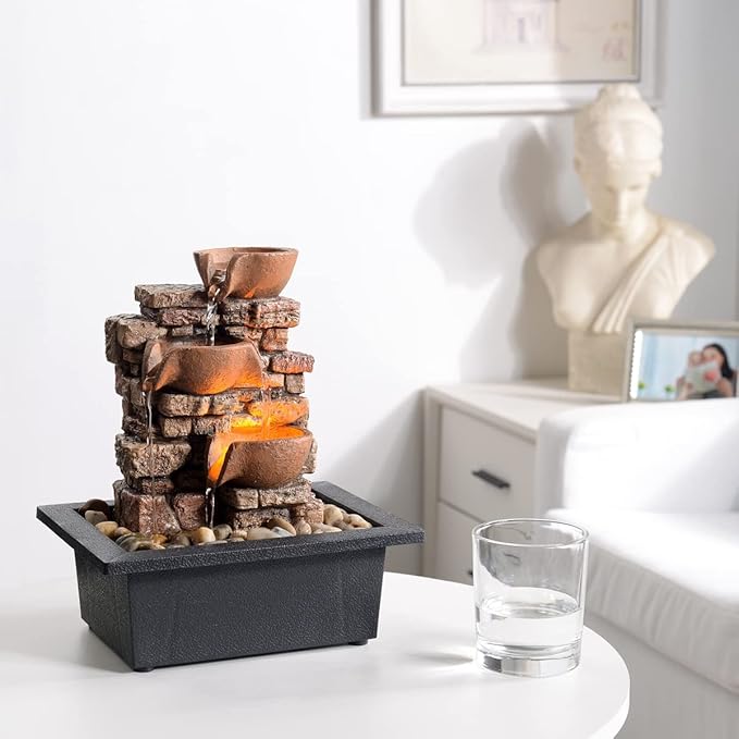 Indoor Tabletop Fountain 3-Tier Rockery Relaxation, Soothing Sound Home/Office/Bed Room Decor,Gifts for Mom/Grandma Relaxing Waterfall Meditation Tabletop Fountain LED Lights - Bloomnest
