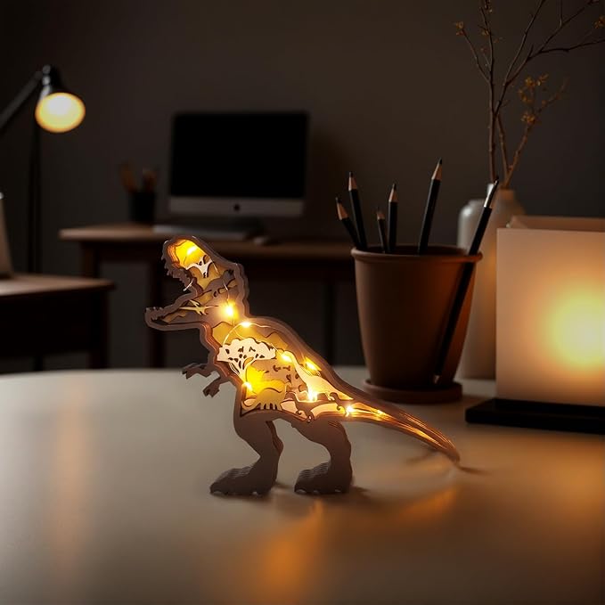 3D Wood Carving Animals Lamp Home Decorative, Cute Bear Family Elephant Presents Ideas Christmas Living Room Office Decor Warm LED Night Lights Gift for Friend Daughter Son Mom Dad (Tyrannosaurus) - Bloomnest