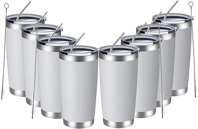 MEWAY 20oz Tumbler 8 Pack Double Wall Vacuum Insulated Travel Mug Bulk, Stainless Steel Tumblers with Lid and Straw, Durable Powder Coated Coffee Cups for Cold & Hot Drinks (White, 8) - Bloomnest