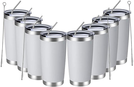 MEWAY 20oz Tumbler 8 Pack Double Wall Vacuum Insulated Travel Mug Bulk, Stainless Steel Tumblers with Lid and Straw, Durable Powder Coated Coffee Cups for Cold & Hot Drinks (White, 8) - Bloomnest