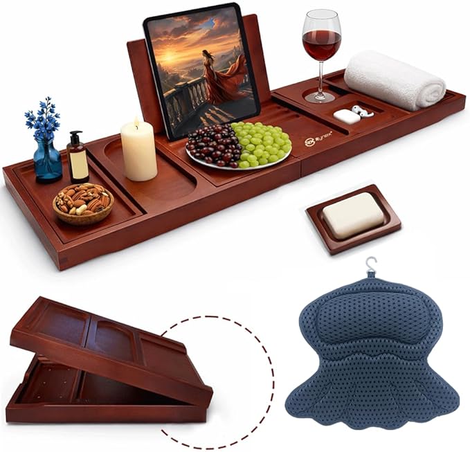 Bathtub Tray and Bath Pillows for Tub – Expandable Bamboo Bathtub Caddy with Phone & Wine Holder, Soft Bath Pillows for Tub & Head/Neck Support - Bloomnest