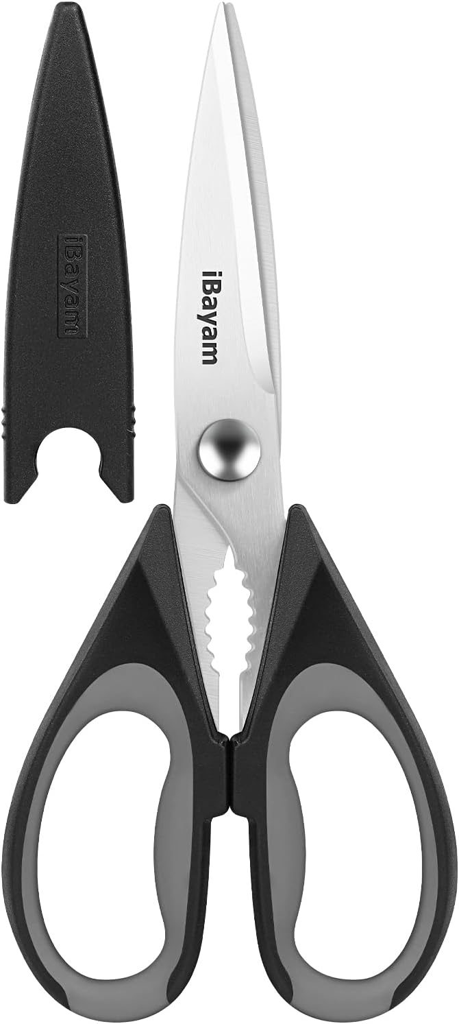 Kitchen Gadgets Utensils Set for Home, iBayam 8.5" Kitchen Scissors with Sheath, Black Cooking Scissors, All Purpose Shears - Bloomnest