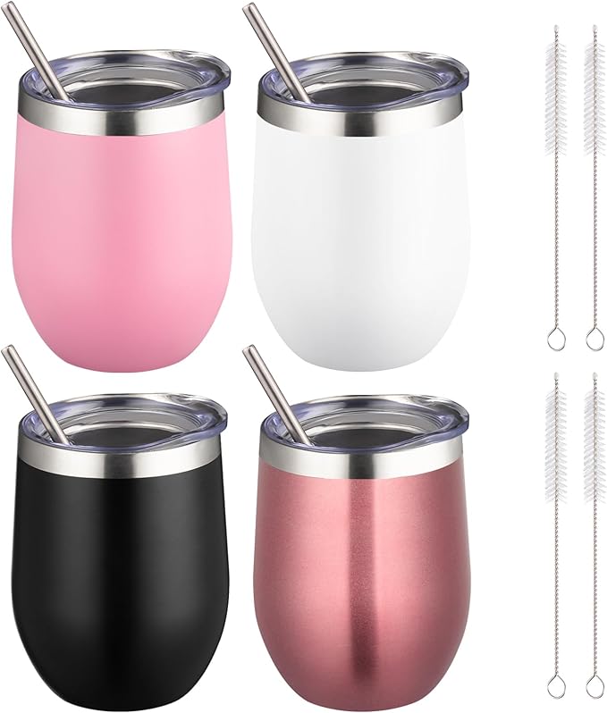12 oz Insulated Wine Tumbler with Lid and Straw,Stainless Steel Stemless Wine Tumbler Glasses Double Wall Vacuum Wine Cups Tumbler Bulk for Coffee,Champaign,Cocktail,Office（Multicolor,4） - Bloomnest