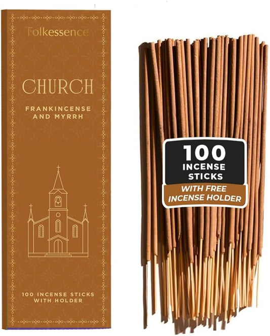 Folkulture Church Incense Sticks | Set of 100 Insence-Sticks with Holder for Relaxation | Frankincense & Myrrh, Catholic Incense | Organic, Slow Burning & Non Toxic Inscents for Worship