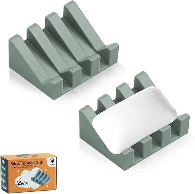 Self Draining Soap Dish Holder,Silicone Soap Dish,for Bathroom,Kitchen, Sponges，Can Extend Soap Life，Keep Soap Bars Dry and Easy Cleaning (Green,2-Pack) - Bloomnest