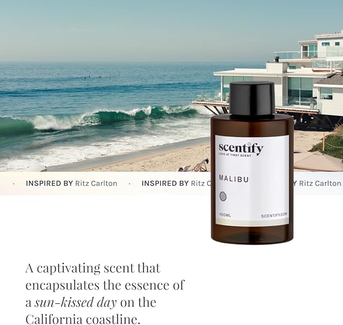 Scentify Malibu Aroma Oil Refill Scent for Oil Diffusers - Lemon, White Tea, Thyme, Cedar, Musk Scents - Luxurious Relaxing Aromatherapy Diffuser Fragrance 100ml, 3.38 oz Scentify