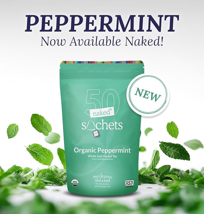 Two Leaves and a Bud Organic Peppermint - 50 Naked Tea Sachets, Naturally Caffeine Free, Whole Leaf Herbal Tea in Eco-Friendly Unwrapped Compostable Sachets, Resealable Bag, 50 Count (Pack of 1) - Bloomnest