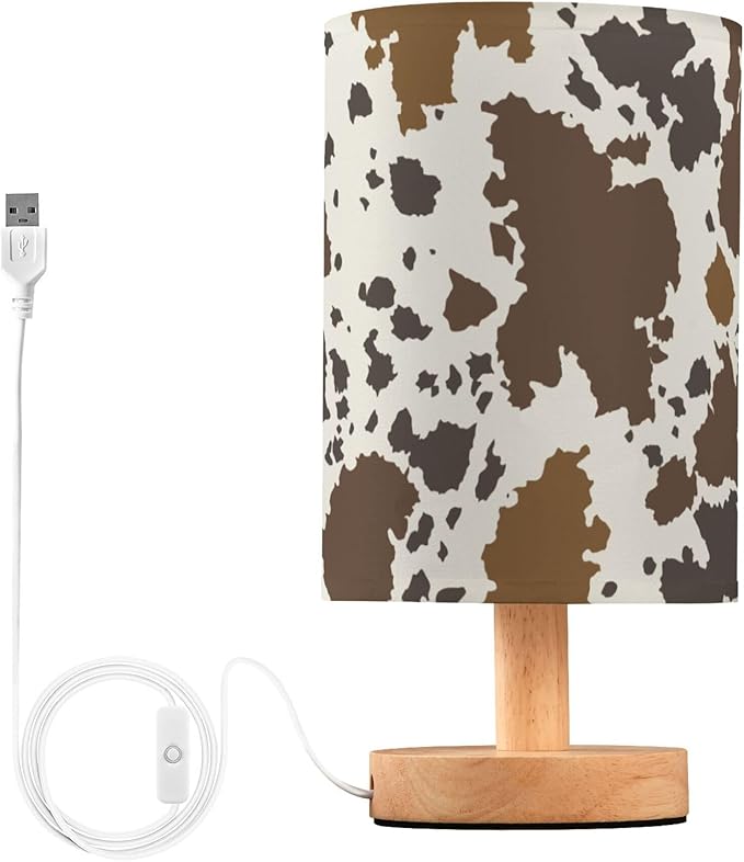 Table Lamp Cow Skin Brown Cowhide Pattern Nightstand Lamp with Wood Base Fabric Lamp Shade Bedside Desk Lamp for Living Room Bedroom Kids Room Office - Bloomnest