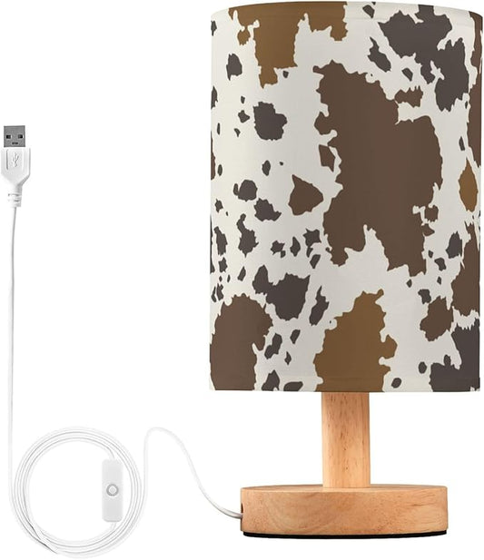 Table Lamp Cow Skin Brown Cowhide Pattern Nightstand Lamp with Wood Base Fabric Lamp Shade Bedside Desk Lamp for Living Room Bedroom Kids Room Office - Bloomnest