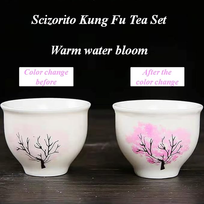 Ceramic Portable Travel Tea Set, Chinese Kungfu Tea Set with 360 Rotation Teapot and Infuser, 4 Tea Cups, Tea Tray And Travel Bag (Cherry Blossoms)