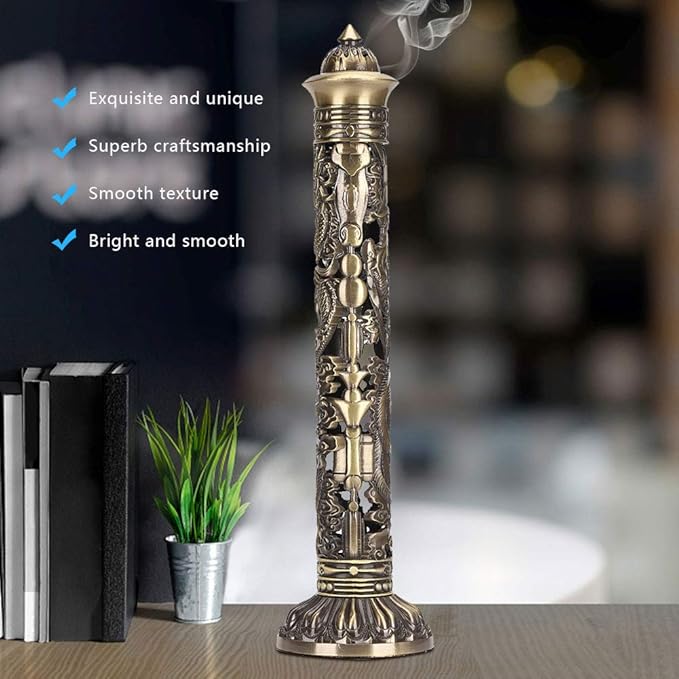 GOTOTOP Incense Stick, Portable Incense Tower Holder Bronze Tone Dragon Phoenix Relief Craft Ornaments Tea Room Decoration Vertical Stick Incense Holder for Home Decor Birthday