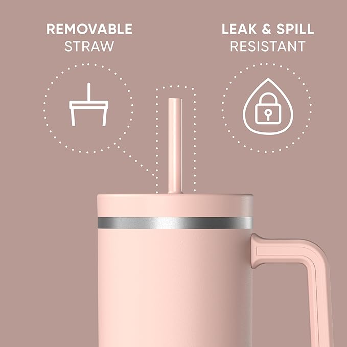 Hydrapeak Voyager 40 Oz Stainless Steel Tumbler with Handle, Insulated Water Bottle With Straw & Lid, Cupholder Friendly Reusable Travel Mug (Peony) - Bloomnest
