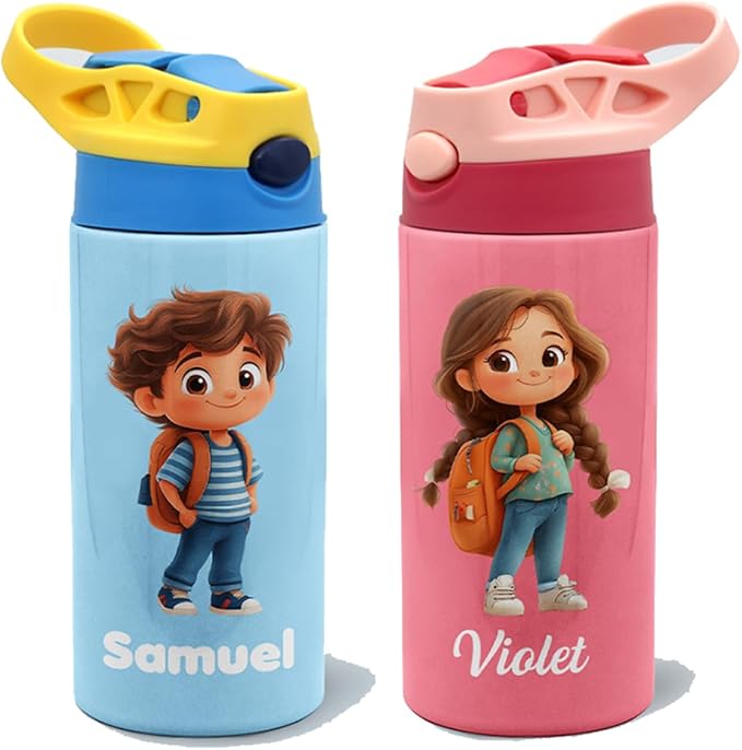 callie Personalized Insulated Kids Water Bottle with Cartoon Character, Custom 12 oz Leak Proof Lid Stainless Steel Cups with Straw, Gifts for Boys Girls - Bloomnest