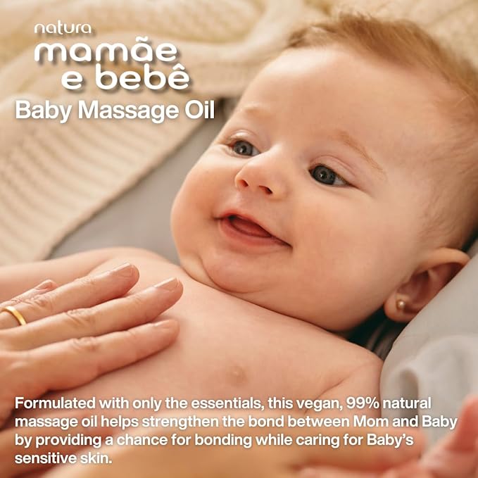 Natura - Mamãe e Bebê Baby Massage Oil - 100% Vegan - Safe & Gentle Lightweight Formula - 99% Natural Origin - All Skin Types - Cruelty Free - Brazilian Beauty - Baby Essentials - 3.38 fl oz (100ml) - Bloomnest