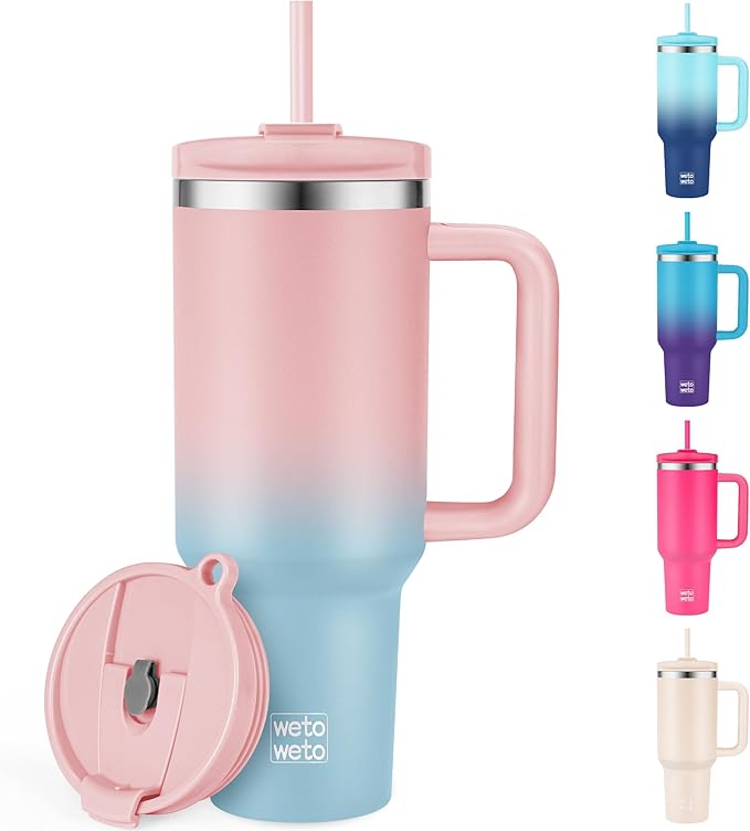 WETOWETO 40oz Tumbler with Handle | Insulated Stainless Steel Travel Mug | 34Hrs Cold & 10Hrs Hot Retention | 100% Leakproof Lid & Straw | Dishwasher Safe + Car Cup Holder Fit (Pink-Blue Gradient) - Bloomnest