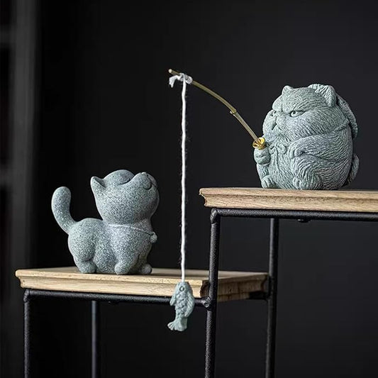Exquisite Sandstone Warrior Cat Incense Holder (2.16”*2.36”) with Free Fishing Rod and Fish, Plus Bamboo Mat Cushion (7.28”*3.34”) (Duo) - Bloomnest