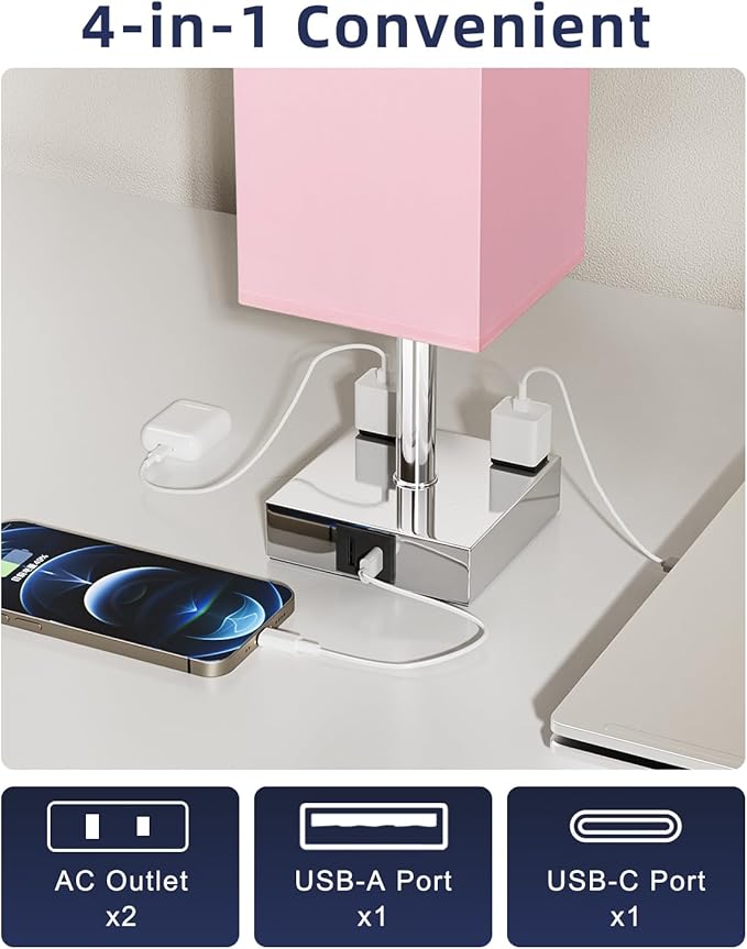 Touch Bedside Table Lamp for Nightstand - 3-Way Dimmable Night Lamp with USB A + Type C Charging Ports and Two AC Outlets, Small Desk Light with E26 LED Bulb for Bedroom Living Room Dorm Office, Pink - Bloomnest