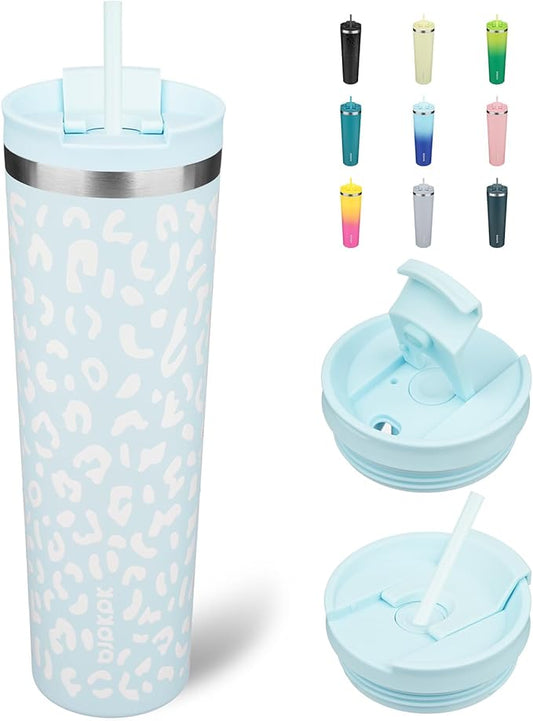BJPKPK 34oz Tumbler With lid And Straw Stainless Steel Travel Coffee Mug Insulated Tumblers Cups,Light Blue Leopard - Bloomnest