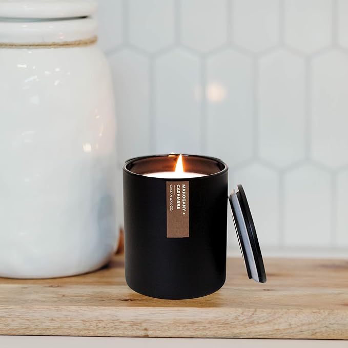 Calyan Wax Co. Mahogany & Cashmere Scented Candle - 75 Hour Burn - Luxury Non Toxic Soy Wax Candles - Long Lasting Black Tumbler Jar Candle for Home - 10.2oz - Bloomnest