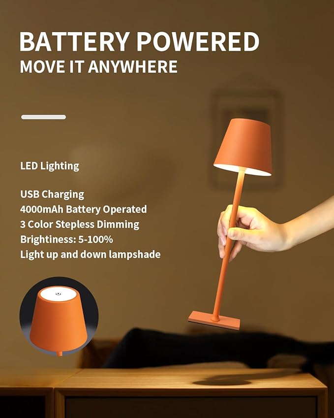 KDG 2 Pack Cordless Table Lamp,Portable LED Desk Lamp, 4000mAh Battery Operated, 3 Color Stepless Dimming Up, for Restaurant/Bedroom/Bars/Outdoor Party/Camping/Coffee Shop Night Light(Orange) - Bloomnest