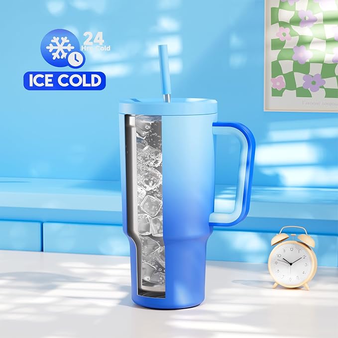 Meoky 30 oz Tumbler with Handle, Tumbler with Lid and Straw, Insulated Stainless Steel Travel Mug, 100% Leak-proof, Cupholder Friendly, Keeps Cold for 24 Hours or Hot for 8 Hours (Sky) - Bloomnest