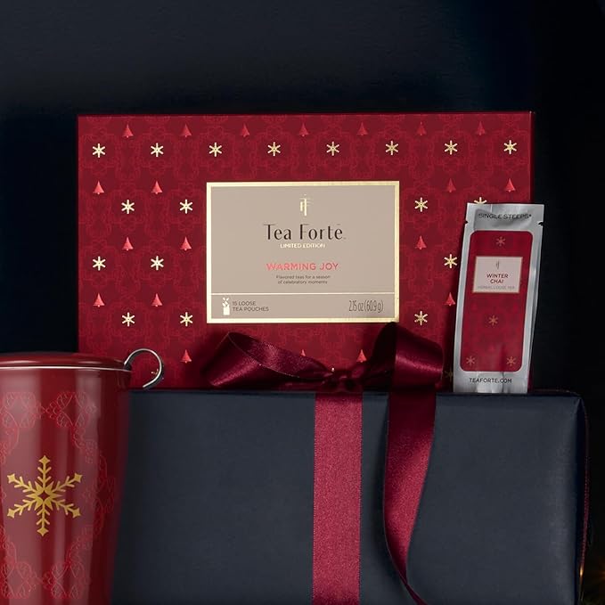 Tea Forte Warming Joy Hoilday Premium Single Steeps Loose Leaf Tea Gift Set Sampler, 15 Count 3 of Each Assorted Blends, Pre-Portioned Single Serve Pouches, Steeps 12 oz - Bloomnest