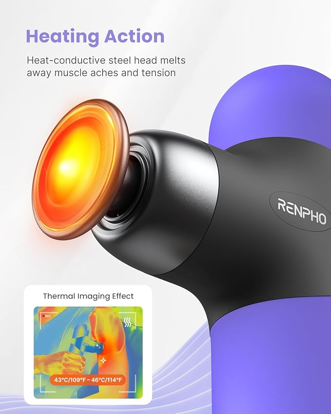RENPHO Mini Thermal Massage Gun with Heat, Christmas Birthday Gifts for Women Men, Portable Deep Tissue Percussion Massager, Color Silicone Sleeves Travel Size with Carry Case, Purple - Bloomnest