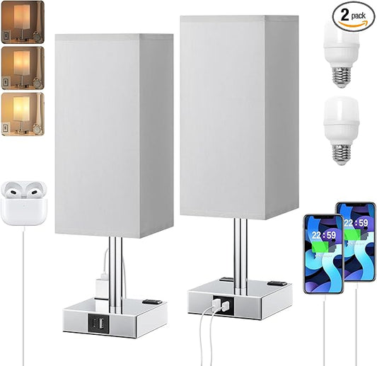 Touch Bedside Table Lamp Set of 2-3-Way Dimmable Night Lamp with USB A + Type C Charging Ports and Two AC Outlets, Small Desk Light with E26 LED Bulb for Bedroom Living Room Dorm Office - Bloomnest