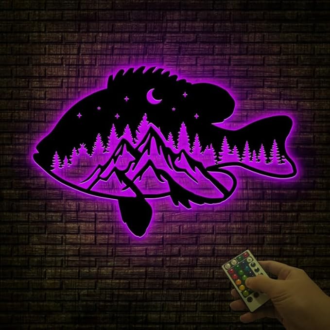 Personalized Neon Sign, Panfish Mountain Metal Wall Art Led Light, Fishing Gifts for Men, Gift for Dad, Fish and Trees Sign, Cabin Lodge Decor, Fisherman Gift - Bloomnest