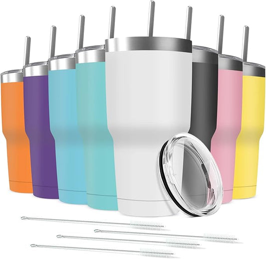 30oz Stainless Steel Travel Mug with Lid, 8 Pack Double Wall Vacuum Insulated Bulk Tumbler with 8 Straws, Powder Coated Coffee Cup Suitable for Vehicle Cup Holders(Assorted Colors) - Bloomnest