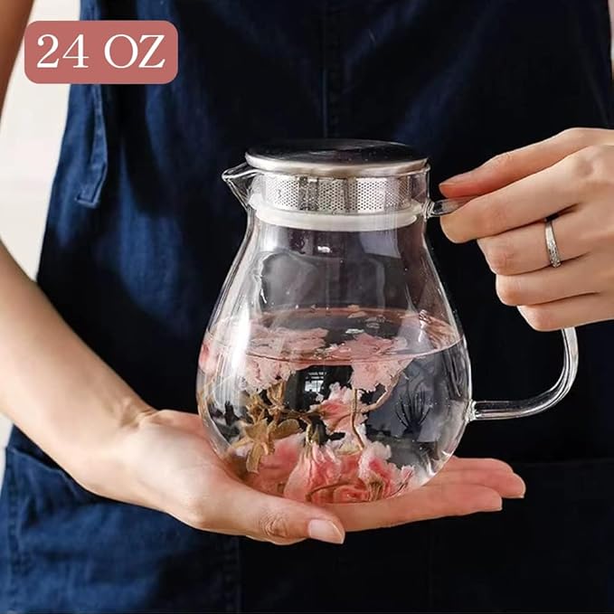IwaiLoft Glass Teapot with Removable Stainless Steel Filter Lid Stovetop & Microwave Safe Borosilicate Glass Kettle for Loose Leaf, Blooming Tea And Coffee Sharing (24OZ) - Bloomnest