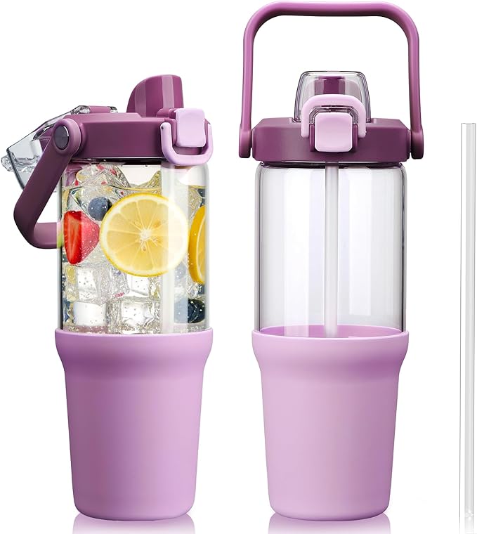 Glass Tumbler with Carry Handle, Clear Glass Water Bottle with Leakproof Lid, Spout Lid&Straw, BPA-Free, 32 oz, Lilac - Bloomnest