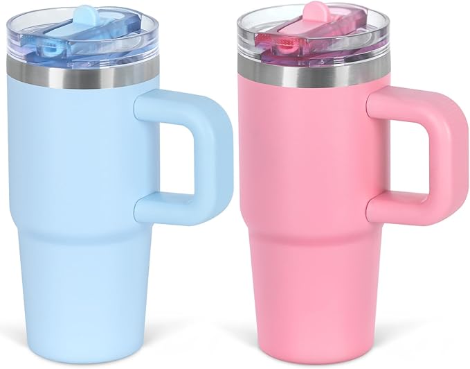 Cosictic 14 Oz Flip Straw Tumbler with Handle for Kids, Stainless Steel Double Wall Insulated Cup for Children with Flip Top Lid, 14 Oz Leak-proof Cups for Kids, Sky Blue and Pink - Bloomnest