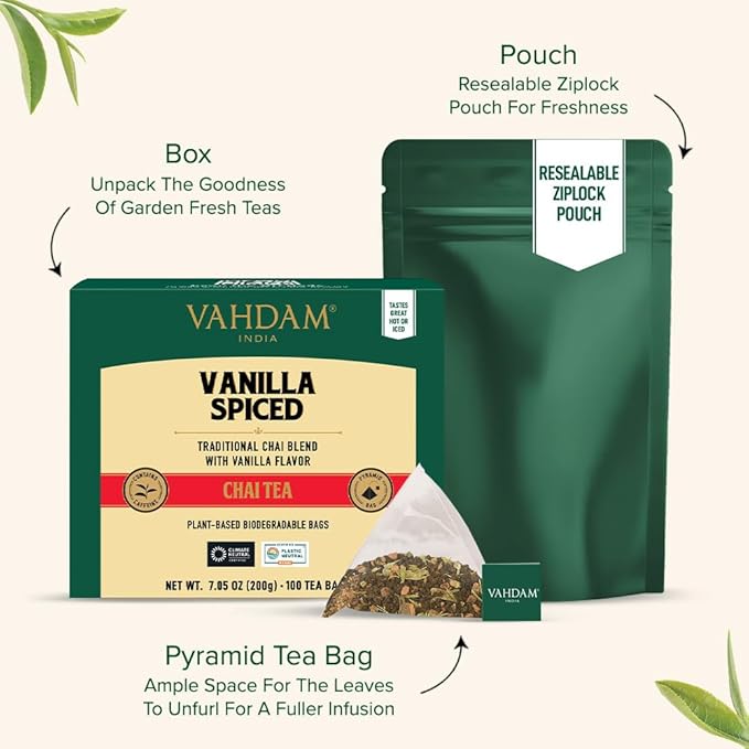 VAHDAM, Vanilla Spiced Chai Tea | 100 Tea Bags | Delicious Blend of Vanilla Masala Chai | Brew Hot, Cold or Iced - Bloomnest