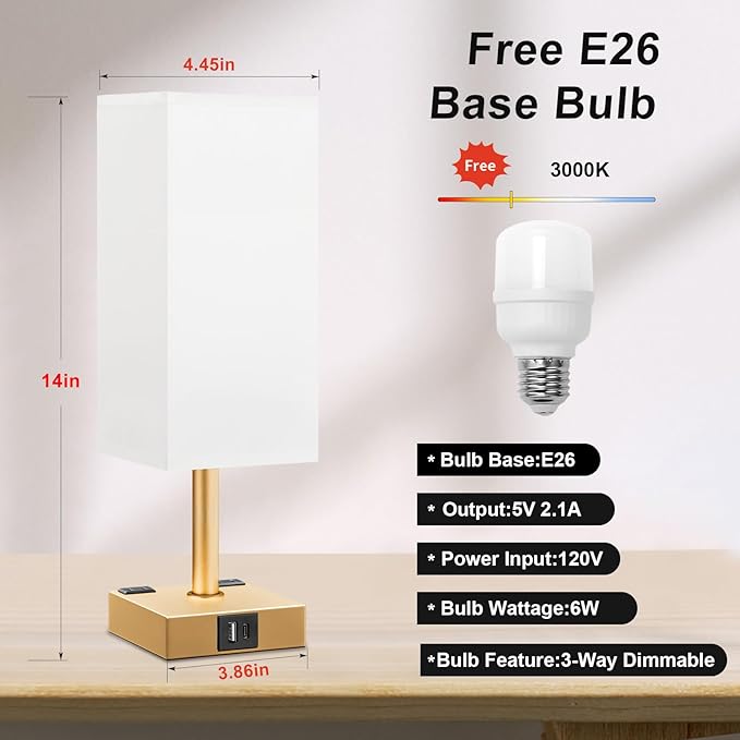 Gold White Touch Table Lamp - Bedside Lamp with USB A + Type C Charging Ports and Two AC Outlets, Small Night Stand with E26 LED Bulb, Desk Light for Bedroom Living Room Office Dorm - Bloomnest