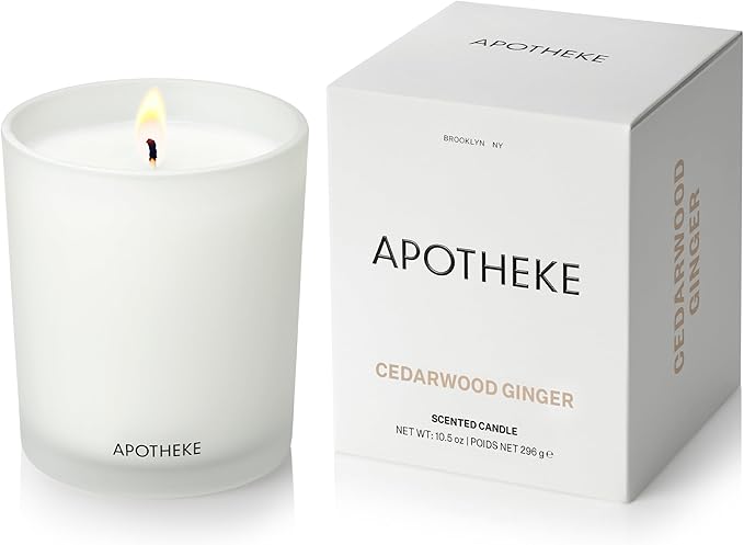 Apotheke Signature Scented Candles for Home, Cedarwood Ginger - 10.5 oz - Soy Wax, Non Toxic, Large Jar White - Luxury Candle Gifts for Women & Men - Patchouli, Red Tea, Fig, and Coconut - Bloomnest